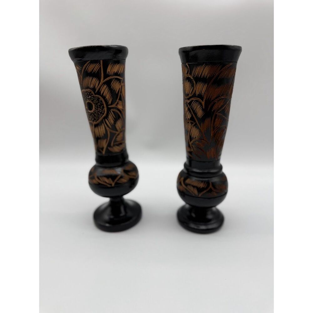 Vintage Hand Carved Etched Wooden 10” Tall Dark and Light Wood Vase